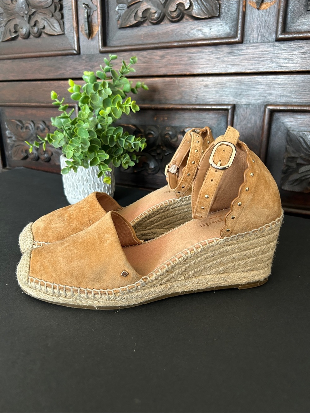 kate spade Tan Suede Espadrille Wedge Sandals with Ankle Strap